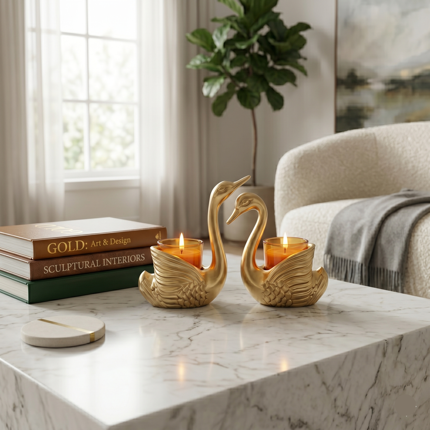 Golden Aluminium Swan pair (with candle) | Symbol of Love Pack of 1 Pair, Gold