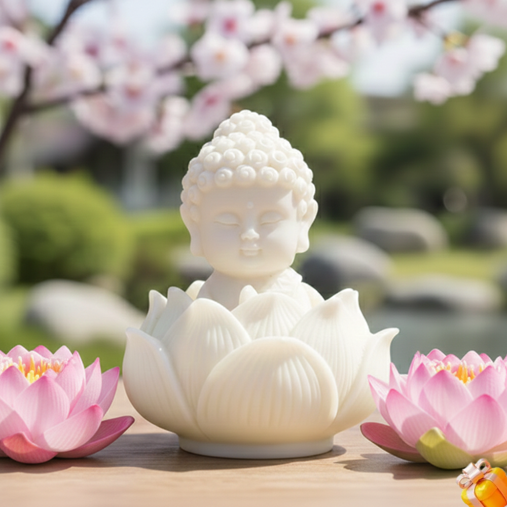 Premium Lotus Baby Buddha Statue for Home Decor – White Resin Meditating Buddha Idol with Holder