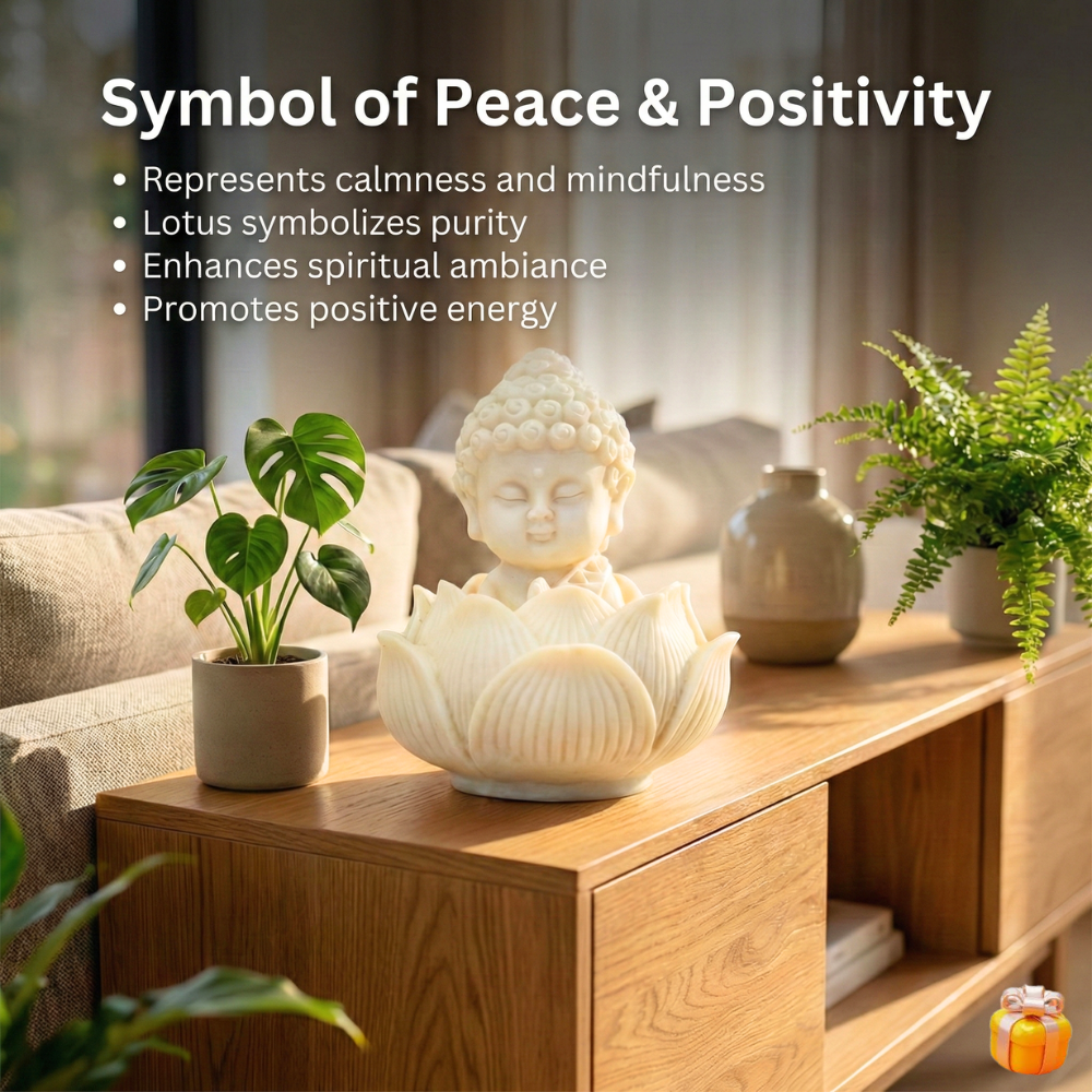 Premium Lotus Baby Buddha Statue for Home Decor – White Resin Meditating Buddha Idol with Holder