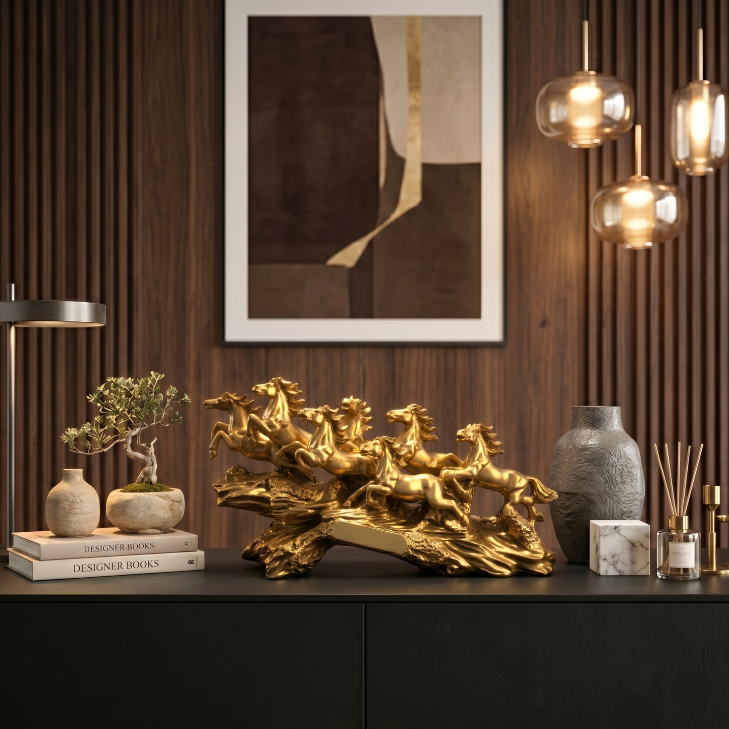 Luxury Golden Running Horses Statue