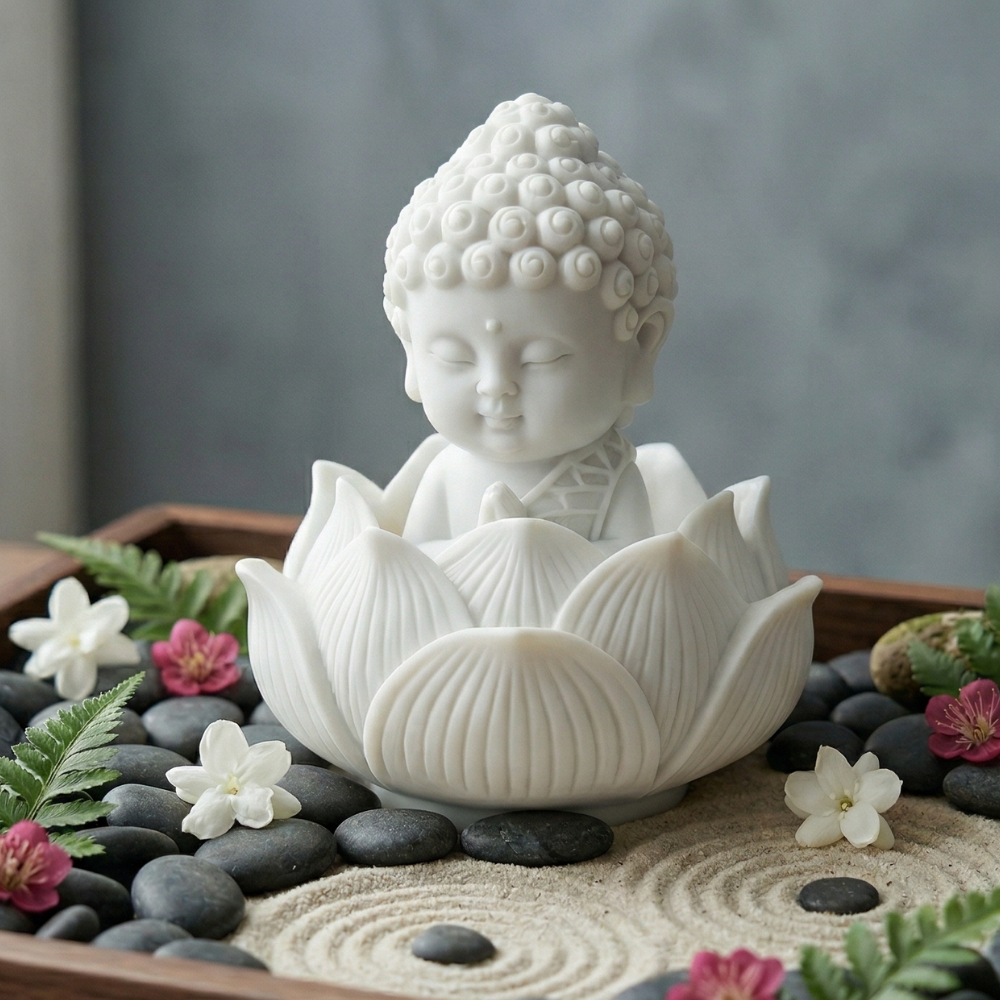 Premium Lotus Baby Buddha Statue for Home Decor – White Resin Meditating Buddha Idol with Holder