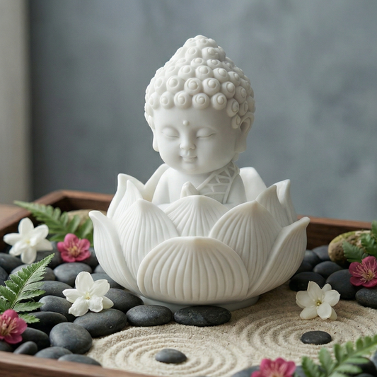 Premium Lotus Baby Buddha Statue for Home Decor – White Resin Meditating Buddha Idol with Holder
