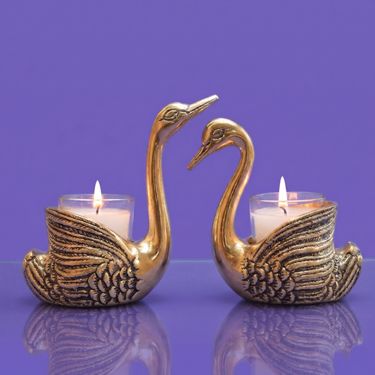 Golden Aluminium Swan pair (with candle) | Symbol of Love Pack of 1 Pair, Gold