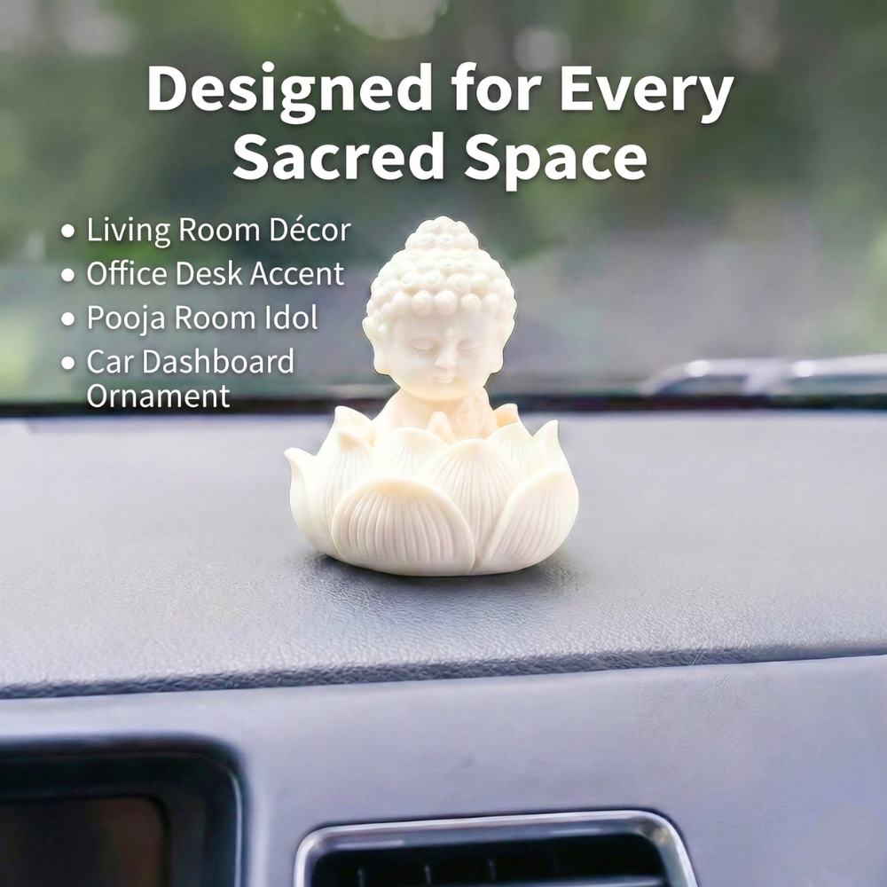 Premium Lotus Baby Buddha Statue for Home Decor – White Resin Meditating Buddha Idol with Holder