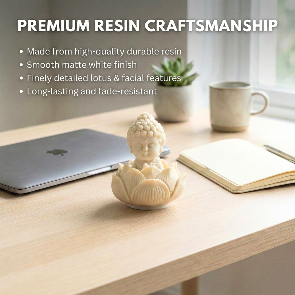 Premium Lotus Baby Buddha Statue for Home Decor – White Resin Meditating Buddha Idol with Holder